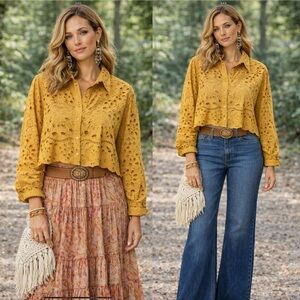 JOIE mustard yellow eyelet Long Sleeve  blouse. Oversized. Boho minimalist large